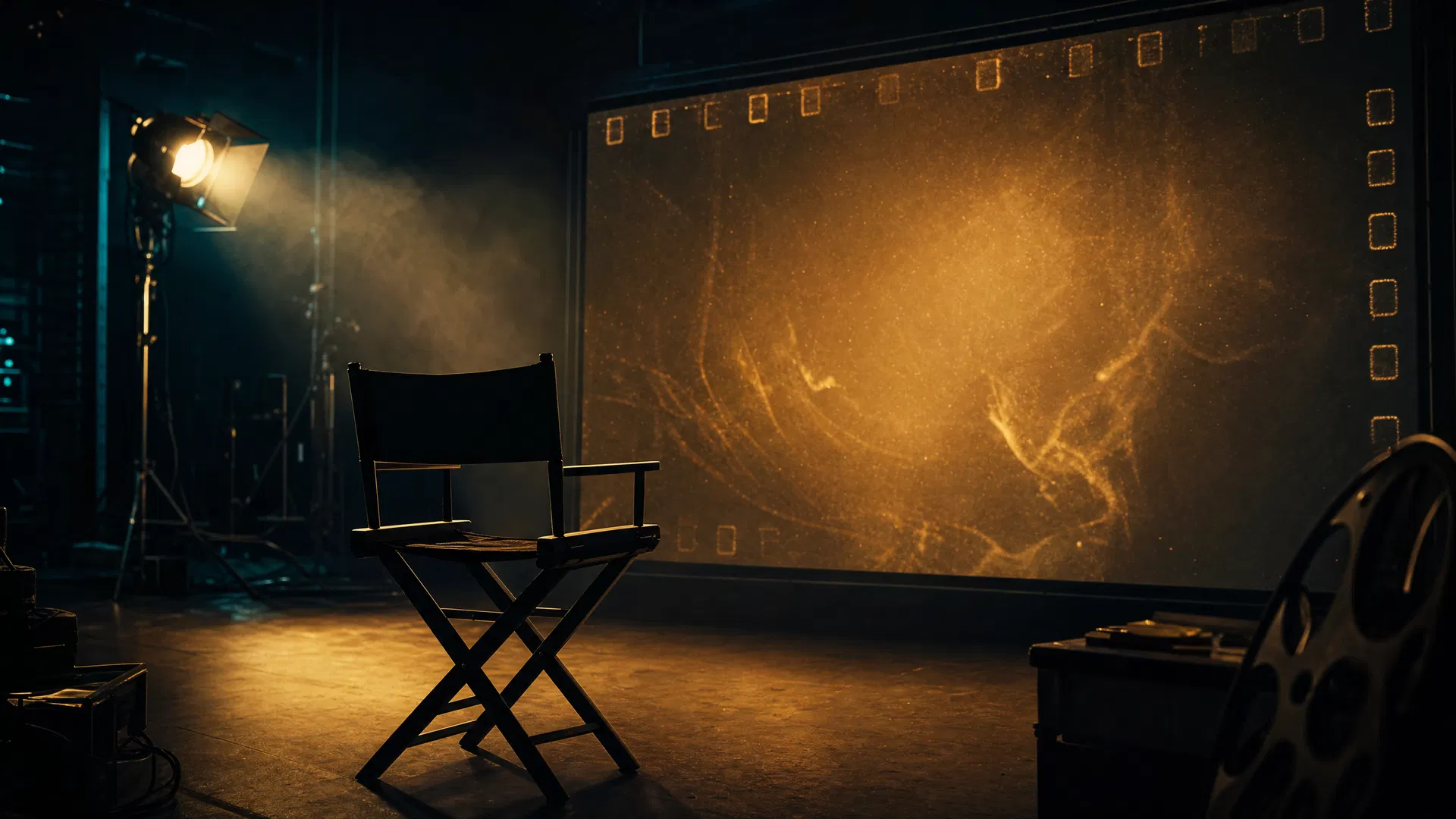 A dimly lit cinematic stage with a director's chair facing a glowing gold-lit screen — Omar Sherif Studio mood frame