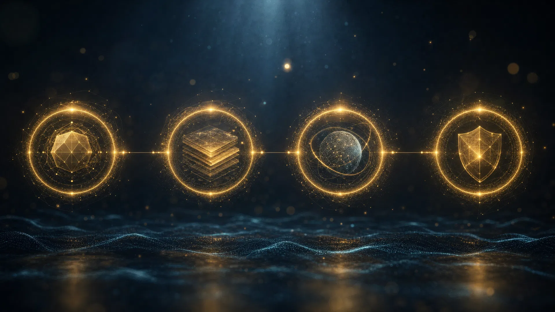 Four luminous gold nodes connected horizontally — an abstract ownership architecture