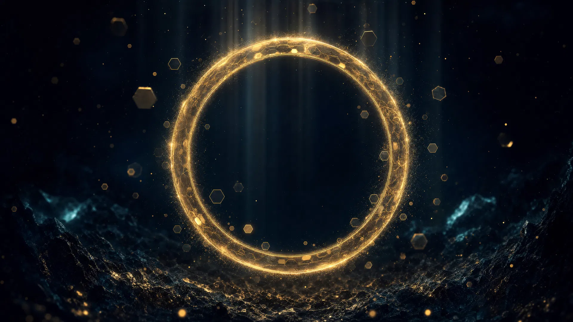 A glowing translucent gold ring suspended in cinematic light — an abstract protected perimeter