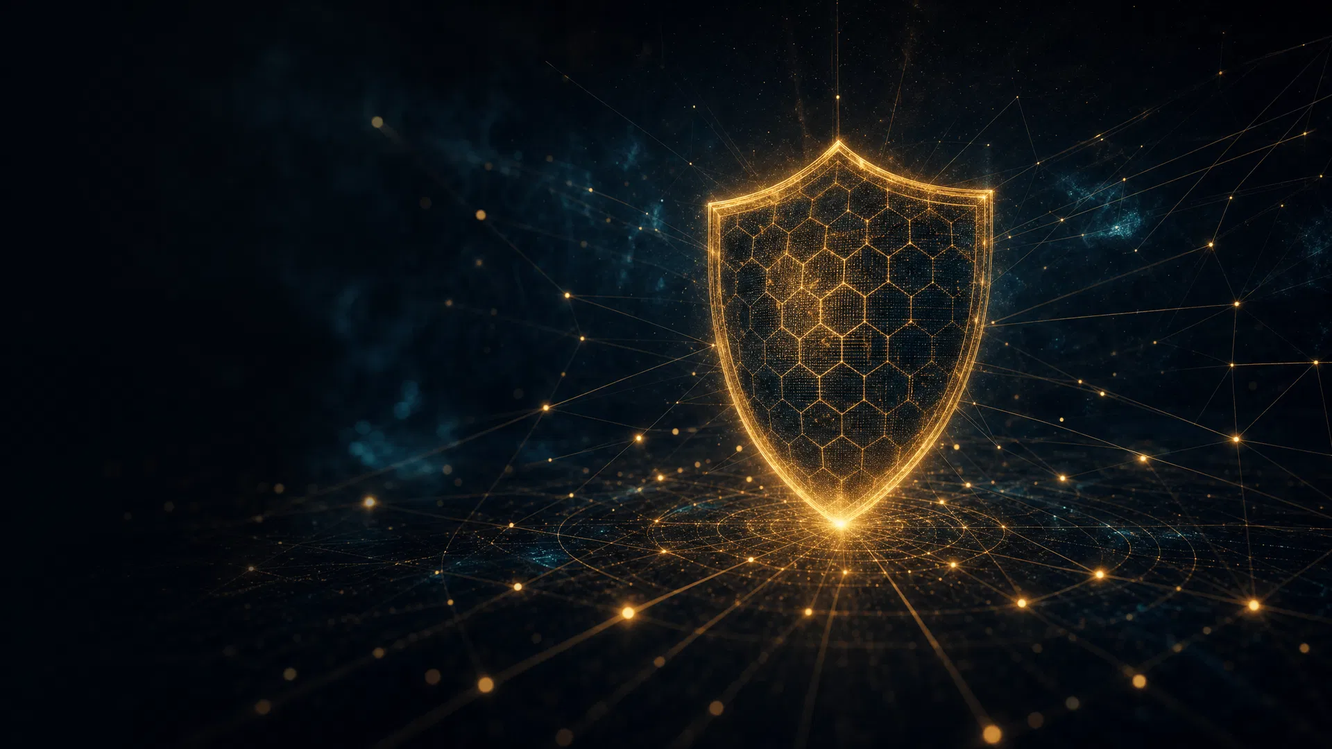 A luminous golden shield rendered as a fine hex-grid network, suggesting protected media infrastructure