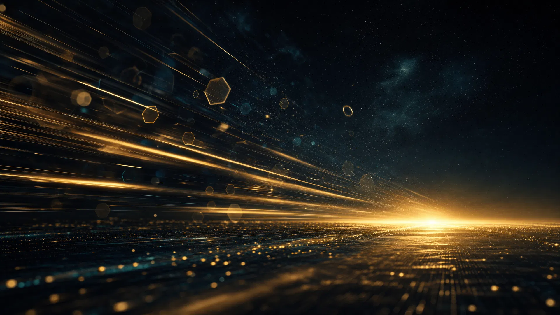 Cinematic momentum visual — gold motion streaks moving toward a luminous horizon