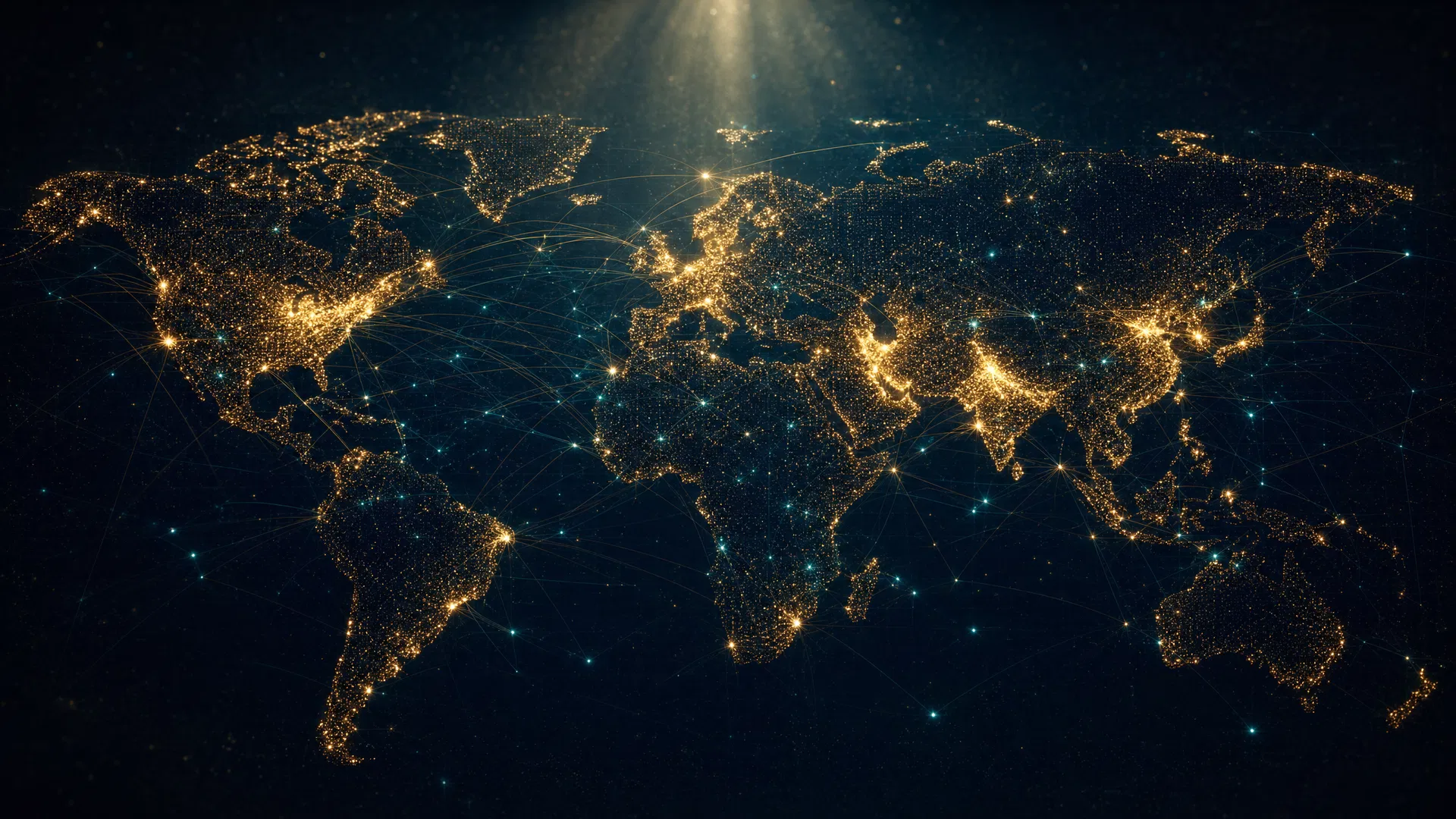 Global audience map — gold-lit constellation of viewers across continents