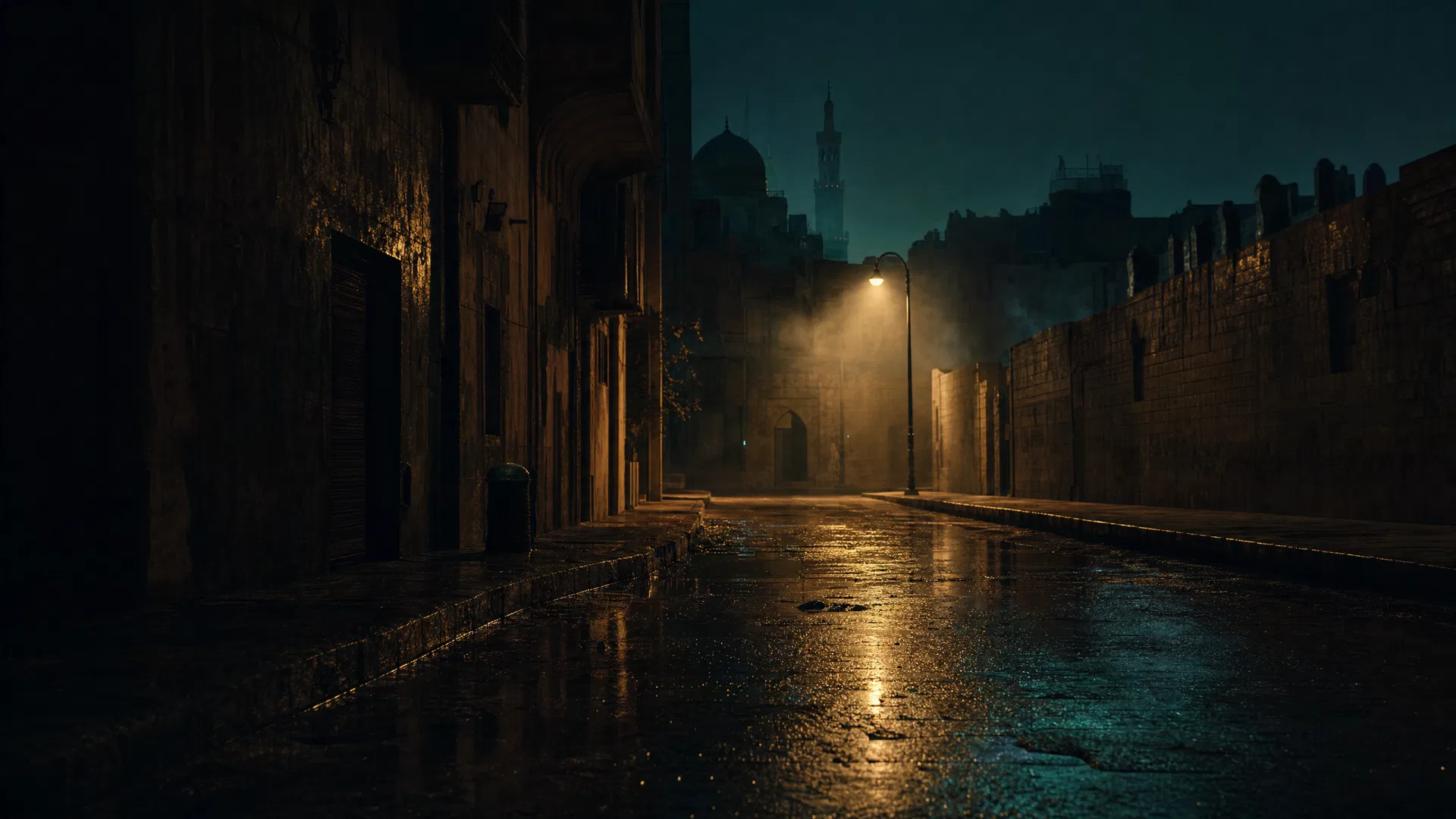 A cinematic night-street mood frame with warm gold streetlight and faint Cairo skyline silhouettes