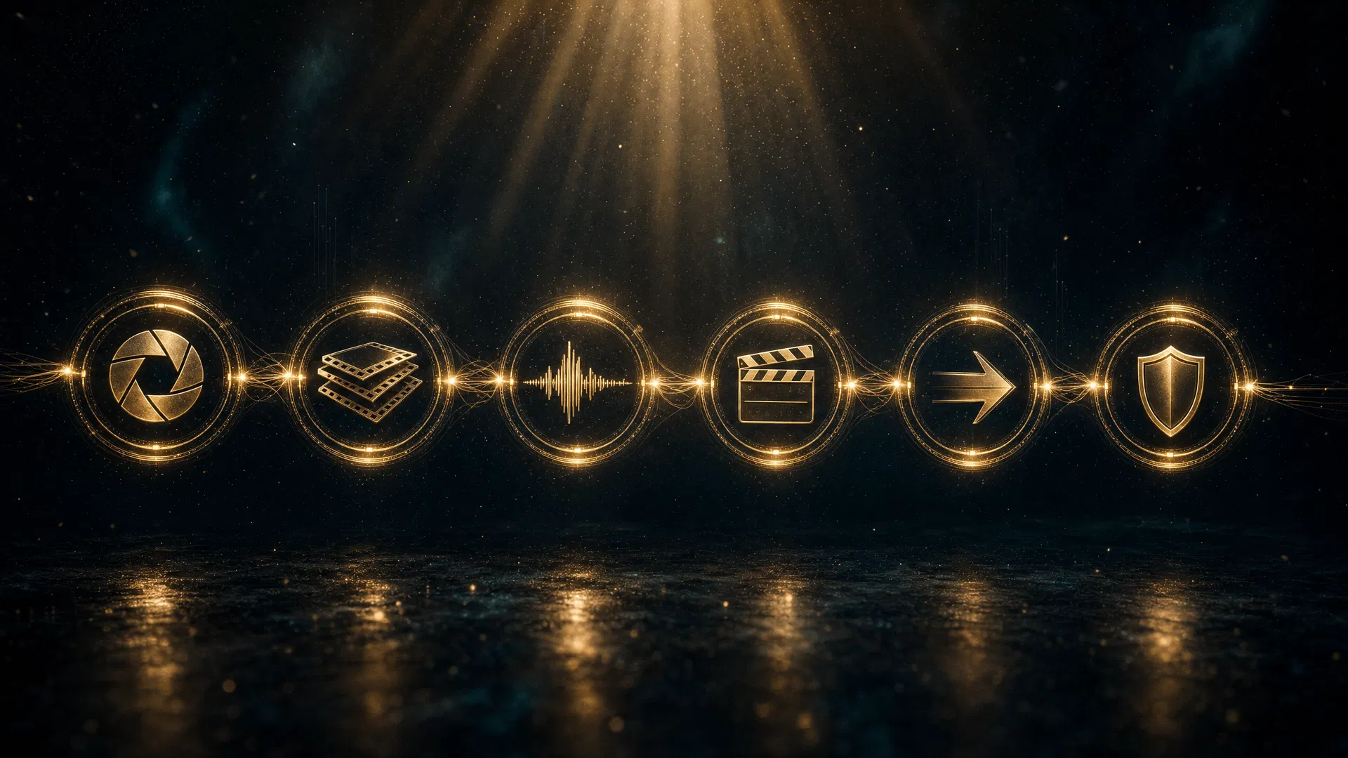 A horizontal chain of six glowing gold cinematic nodes — abstract AI-native production pipeline