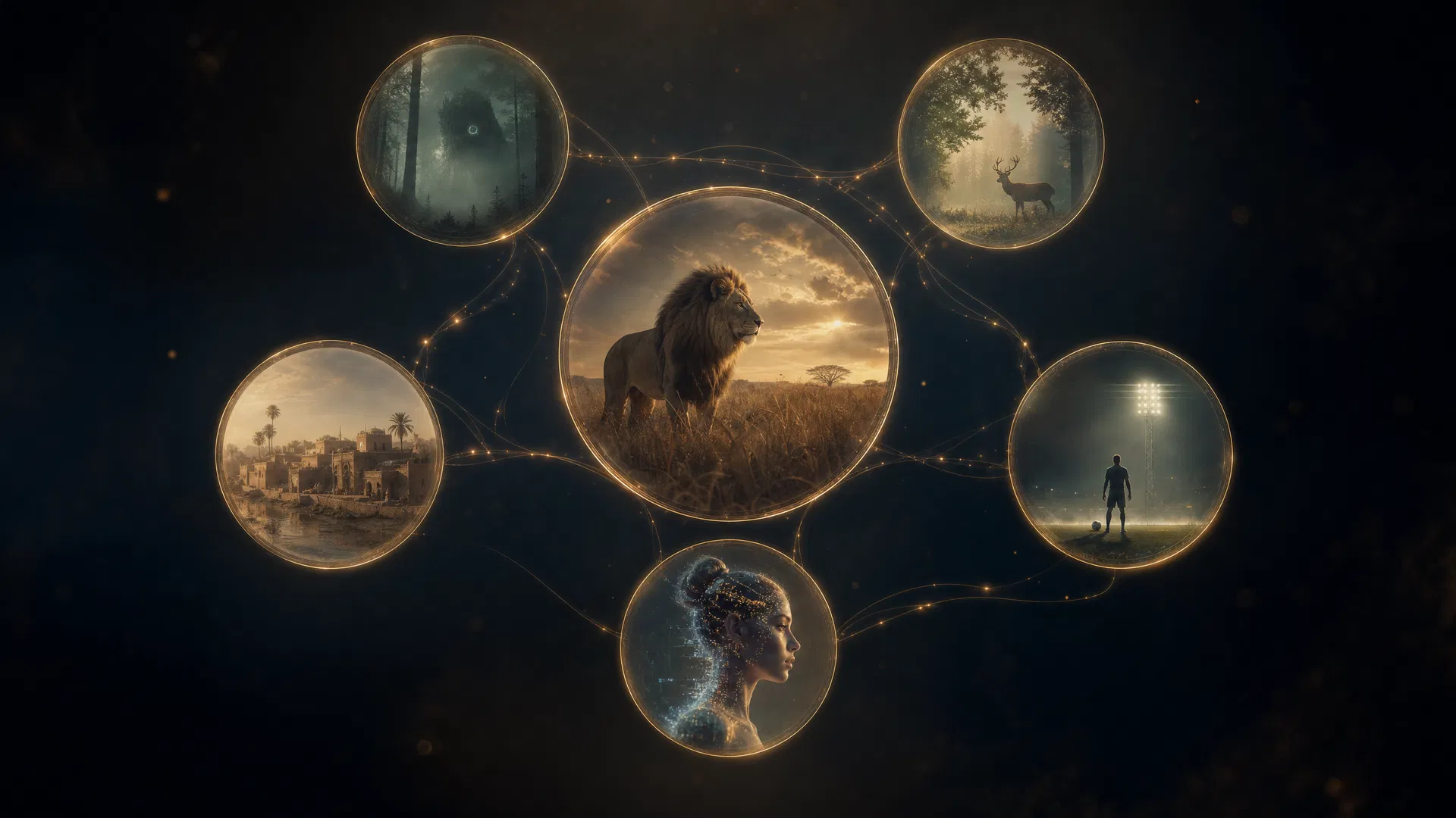 Brand portfolio ecosystem — WAE Media's six storytelling brands as a constellation of cinematic worlds connected by a single creative direction.